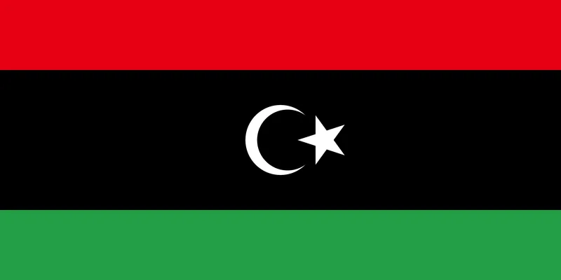 Bandeira da Líbia com listras horizontais vermelho, preto e verde e crescente e estrela brancos - Flag of Libya with horizontal red, black and green stripes and white crescent and star