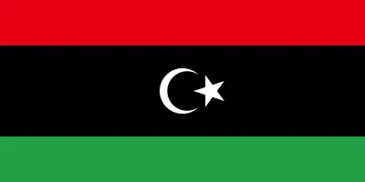 Bandeira da Líbia com listras horizontais vermelho, preto e verde e crescente e estrela brancos - Flag of Libya with horizontal red, black and green stripes and white crescent and star