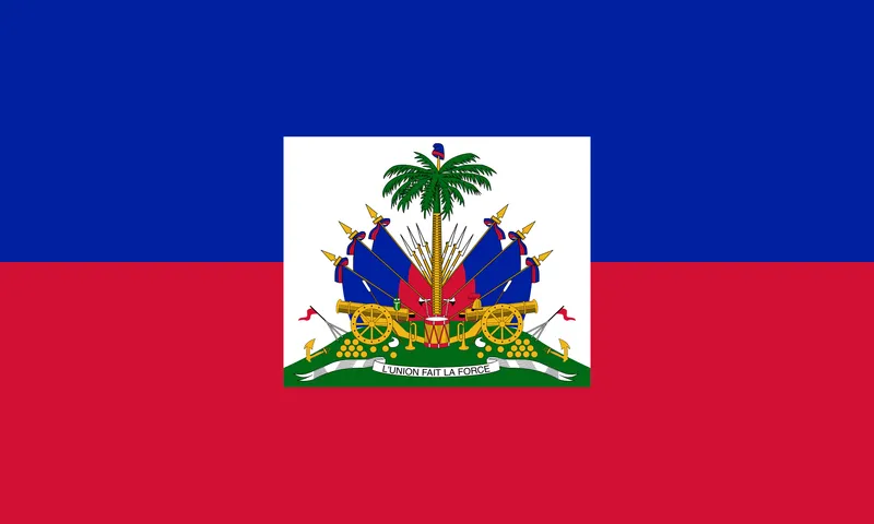 Bandeira do Haiti com faixas azul e vermelho e brasão de armas - Flag of Haiti with blue and red stripes and coat of arms