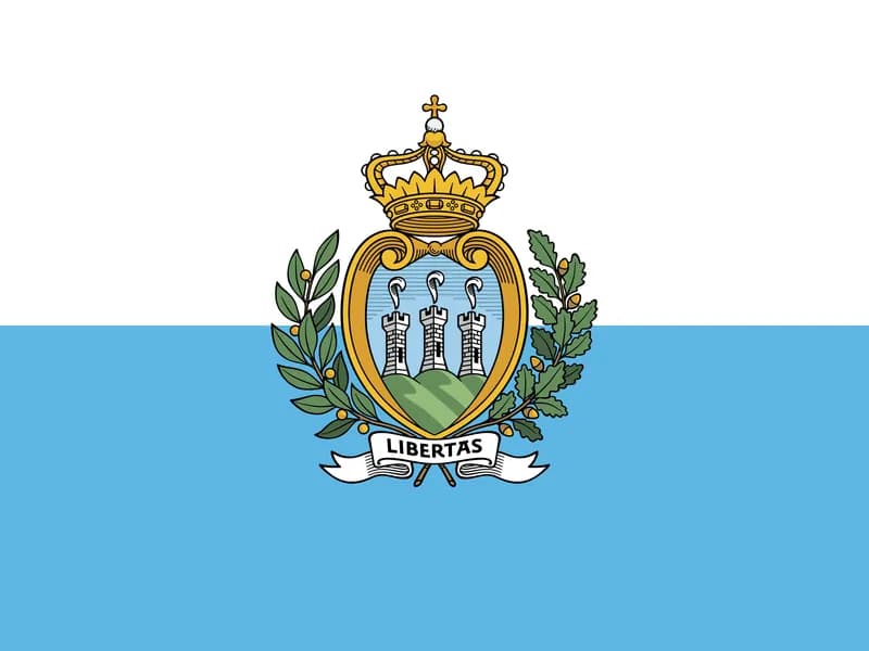 Bandeira de São Marino com brasão, branca e azul claro - Flag of San Marino with coat of arms, white and light blue