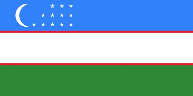 Bandeira nacional do Uzbequistão com listras azul, branco, verde e detalhes em vermelho, crescente e estrelas - National flag of Uzbekistan with blue, white, green stripes and red details, crescent and stars