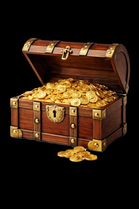 Baú do tesouro aberto com moedas de ouro PNG fundo transparente