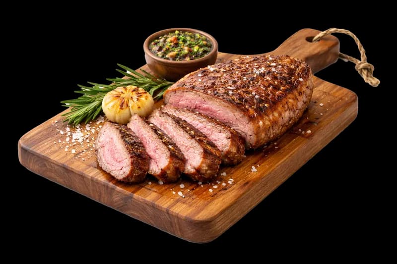 Bife Grelhado Fatiado com Chimichurri e Alecrim PNG fundo transparente