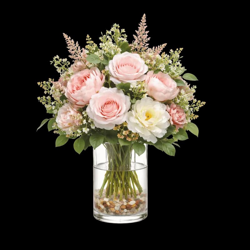 Buquê de Flores Rosas e Brancas em Vaso de Vidro PNG fundo transparente - Bouquet Flowers Roses Brancas Vase Vidro trans