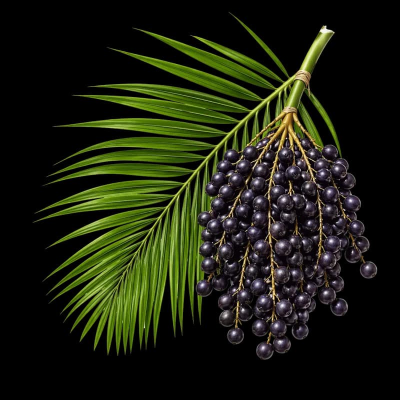 Cacho de açaí roxo com folha de palmeira verde PNG - Purple acai berry bunch with green palm leaf PNG