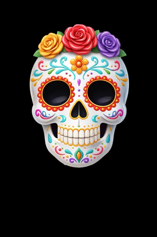 Calavera Mexicana Colorida com Rosas PNG fundo transparente
