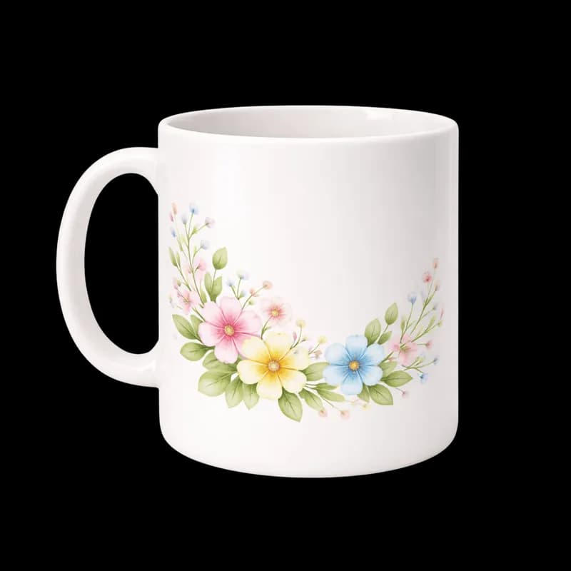 Caneca Branca com Estampa Floral PNG - White Mug with Floral Design PNG