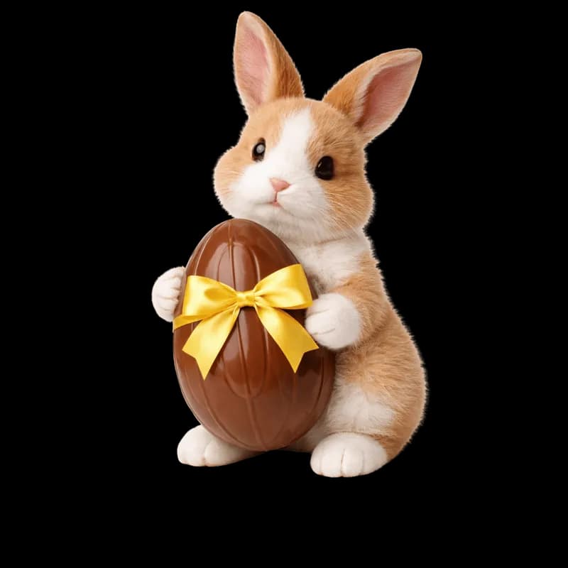 Coelho fofo com ovo de Páscoa de chocolate e fita amarela PNG - Cute bunny with chocolate Easter egg and yellow ribbon PNG