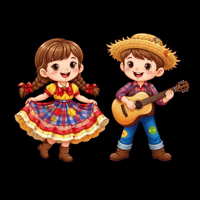 Crianças caipiras de Festa Junina com violão e vestido xadrez - June Festival hillbilly children with guitar and plaid dress