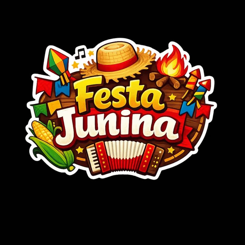 Imagem de Festa Junina com chapéu, fogueira, milho e balão - Festa Junina image with straw hat, bonfire, corn, and balloon