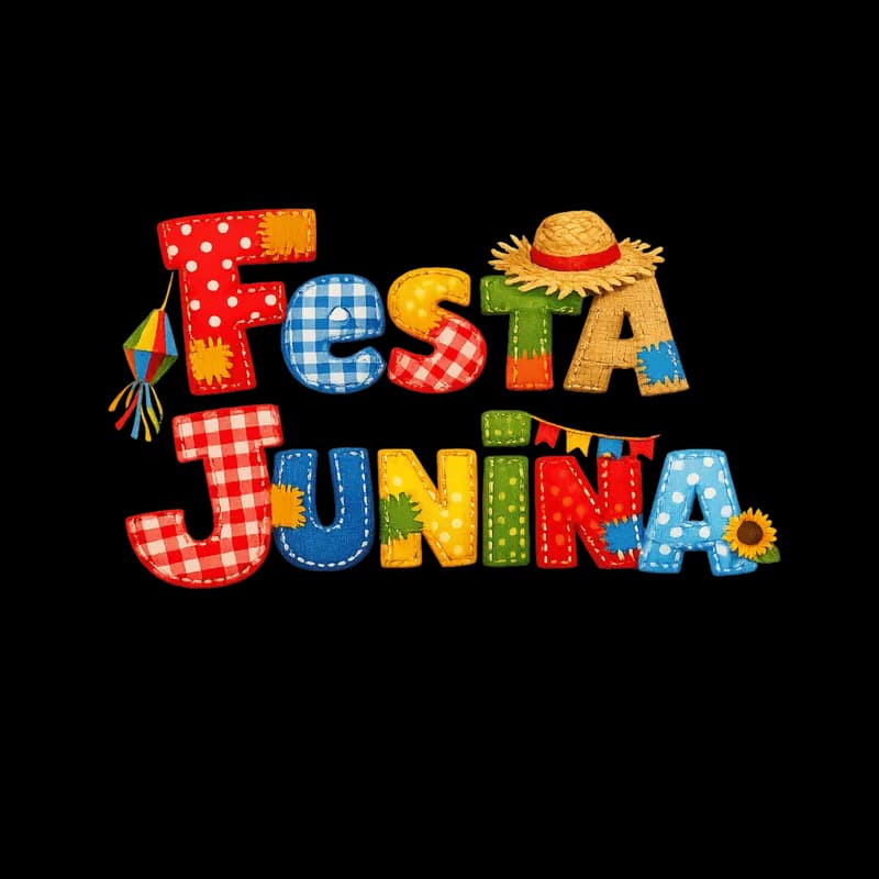 Festa Junina letras decoradas PNG com chapéu de palha e balão - Festa Junina decorated letters PNG with straw hat and paper balloon