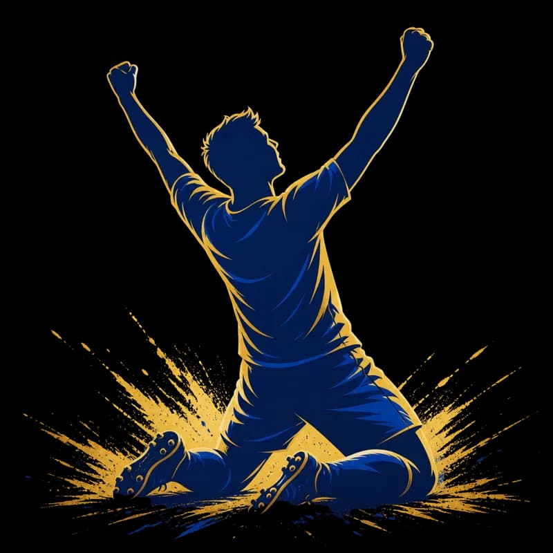 Jogador de futebol celebrando gol em silhueta dourada e azul - Soccer player celebrating goal in gold and blue silhouette.