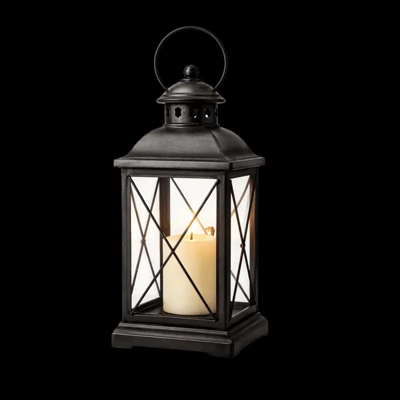 Lanterna Decorativa Preta de Metal com Vela Acesa PNG fundo transparente - Lantern Decorative Black Metal Candle Lit tra