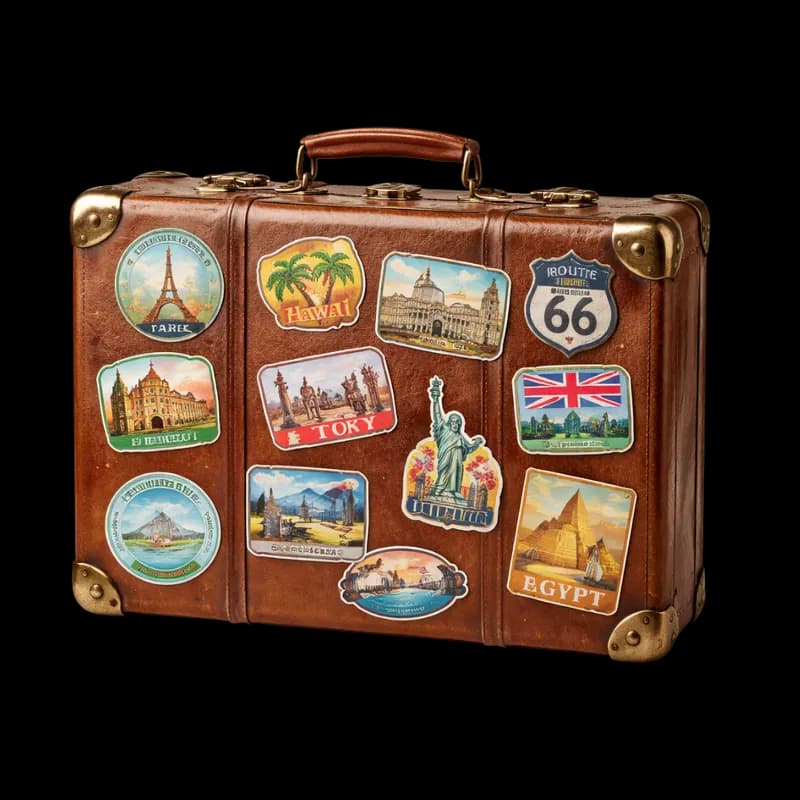 Mala de Viagem Vintage com Adesivos de Destinos Globais PNG fundo transparente