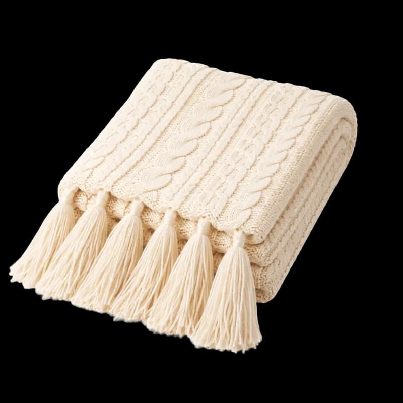 Manta de Tricô Creme com Borlas Decorativas PNG fundo transparente - Blanket Tricô Creme Borlas Decorativas transparent