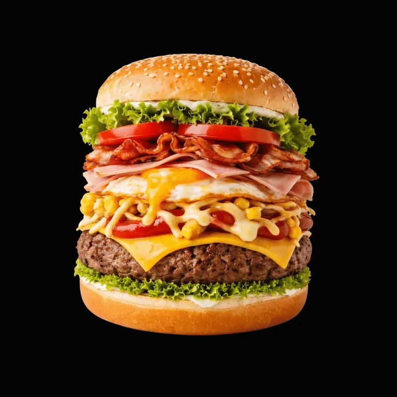 Mega Hambúrguer Completo com Bacon, Ovo e Batata Frita PNG fundo transparente - Mega Hamburger Completo Bacon Ovo Potato