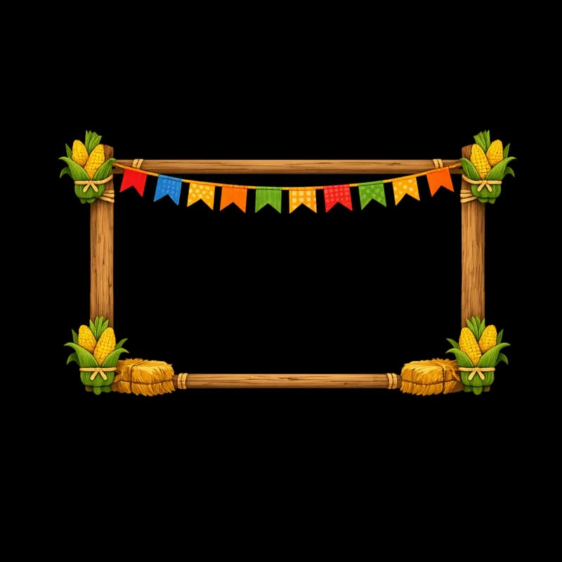 Moldura de Festa Junina com milho, feno e bandeirinhas PNG fundo transparente - June Festival frame with corn, hay, and flags transparent background PNG