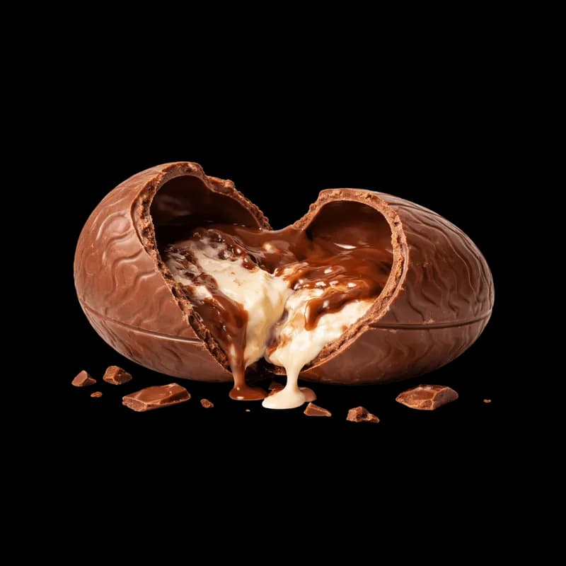 Ovo de chocolate partido com recheio cremoso e calda de chocolate escorrendo - Broken chocolate egg with creamy filling and chocolate sauce dripping