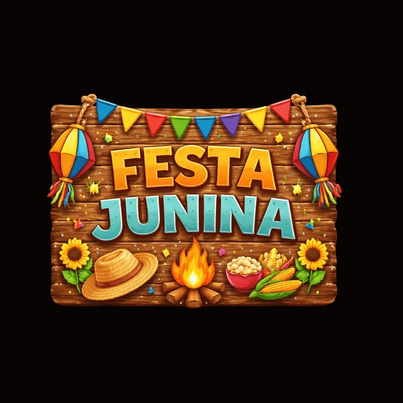 Placa Festa Junina PNG com balões e chapéu de palha - Festa Junina wooden sign PNG with lanterns and straw hat