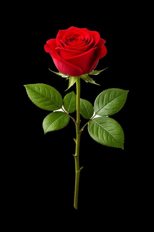 Rosa Vermelha Clássica com Haste e Folhas PNG fundo transparente