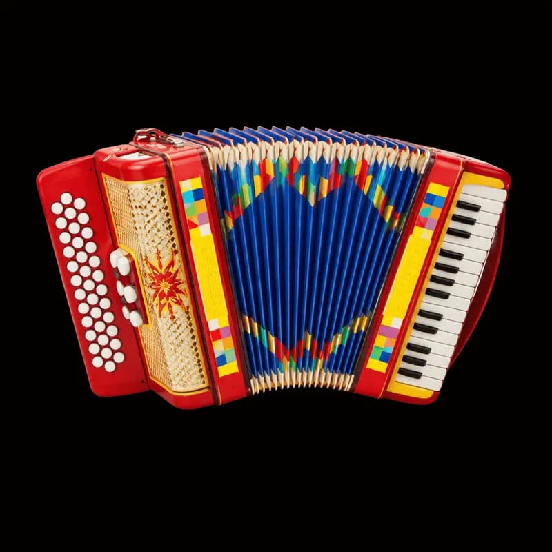 Sanfona colorida com fole azul e detalhes geométricos - Colorful accordion with blue bellows and geometric patterns