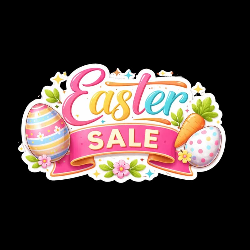 Selo de Páscoa e Venda com ovos coloridos e cenoura em PNG transparente - Easter Sale banner with colorful eggs and carrot on transparent PNG
