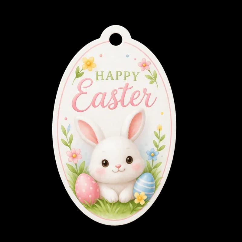 Tag de Páscoa com coelhinho fofo, ovos coloridos e a frase Happy Easter em PNG - Easter tag with cute bunny, colorful eggs and 'Happy Easter' phrase in PNG