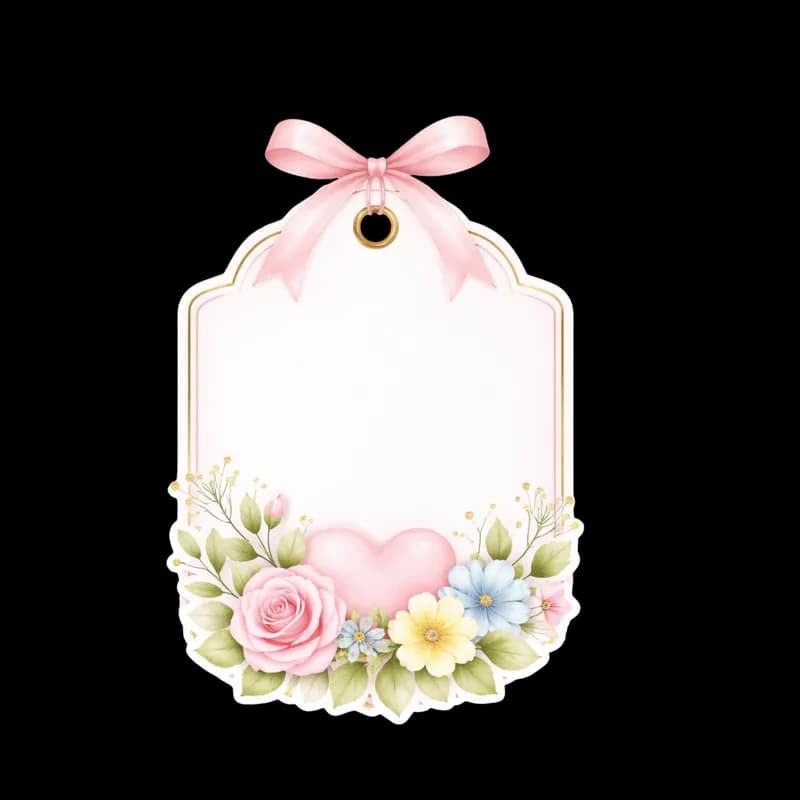 Etiqueta de presente floral com laço rosa e coração PNG - Floral gift tag with pink bow and heart PNG