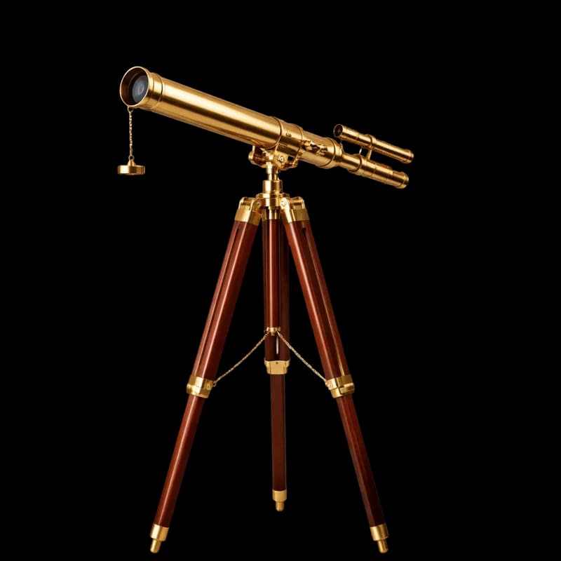 Telescópio Antigo de Latão com Tripé de Madeira PNG fundo transparente - Telescope Antique Latão Tripé Madeira transpare