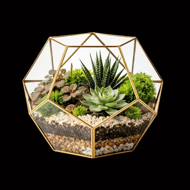 Terrário Geométrico Dourado com Suculentas e Musgo PNG fundo transparente - Terrarium Geometric Golden Succulents Moss t