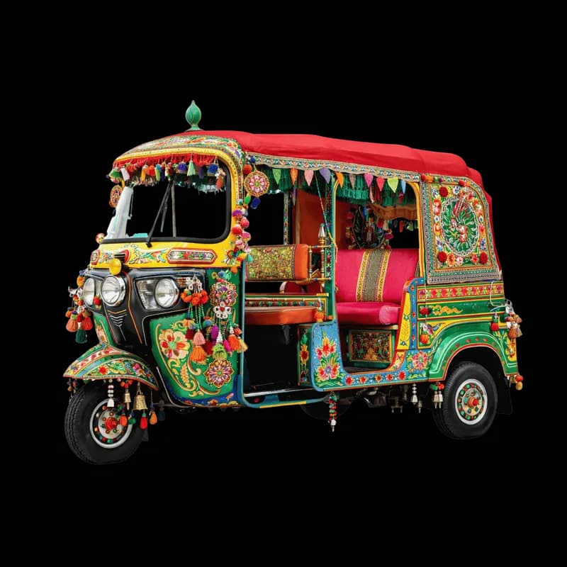Tuk-tuk ricamente decorado com arte vibrante PNG fundo transparente - Tuk Ricamente Decorado Art Vibrant transparent bac